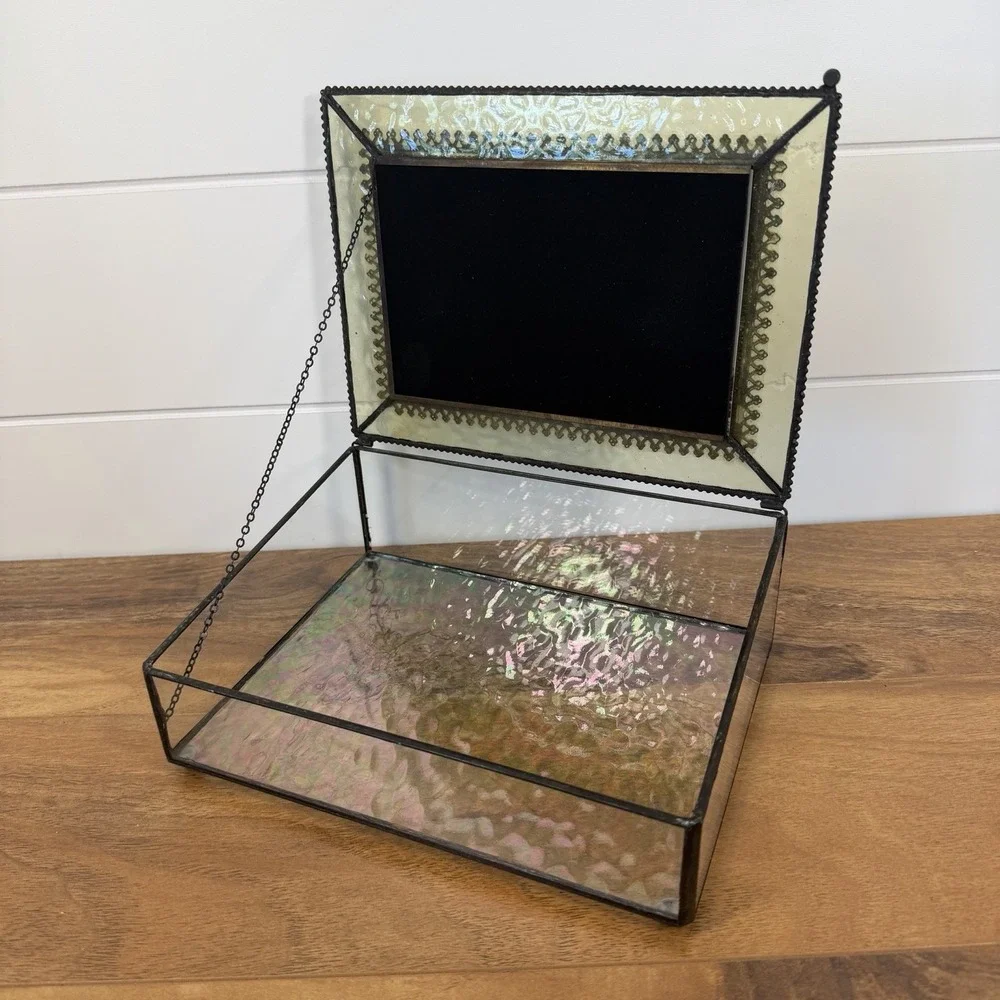 Ormolu‎ Keepsake Box Photo Lid Iridescent Glass Large 8x6